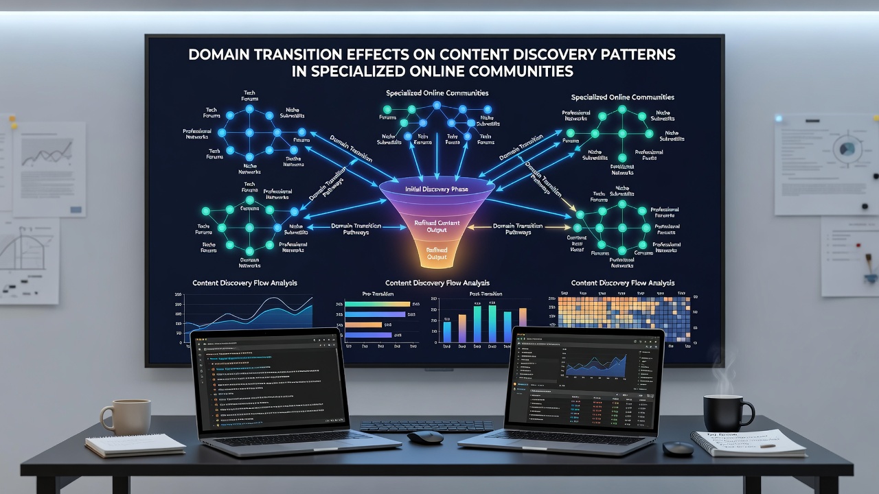 Analytics dashboard illustrating content discovery trends and referral sources before and after a specialized community domain migration