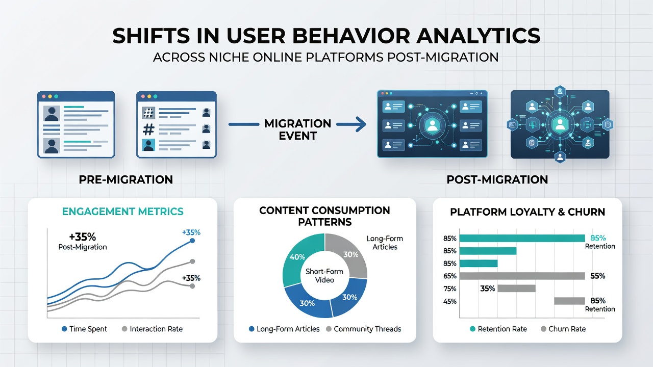 Graph illustrating changes in user retention and interaction depth on niche platforms following migrations